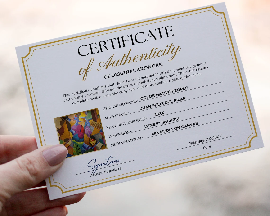 Certificate of authenticity for a collectible artwork