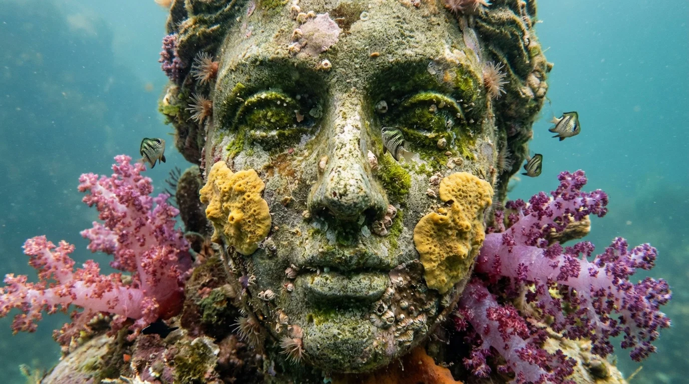Coral growing on Domus Anguillae underwater sculpture Coral growing on Domus Anguillae underwater sculpture