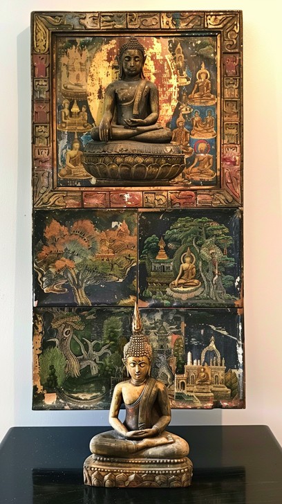 Buddhist sculpture displayed with modern and contemporary art